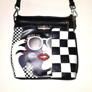 Nicole Lee USA Pop Art Crossbody Bag- B/W Checkered "Sunglasses Girl"